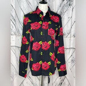 Process Black Floral Print Shirt Black w/Roses S UNISEX